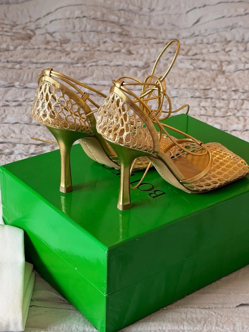 Bottega Veneta Metallic Gold Mesh Lace-Up Heels